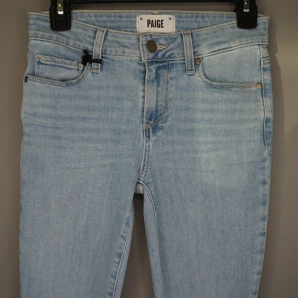 New Paige Skyline Ankle Peg Raw Hem Mid Rise Jeans in Daralyn Destructed size 25 - Picture 2 of 16